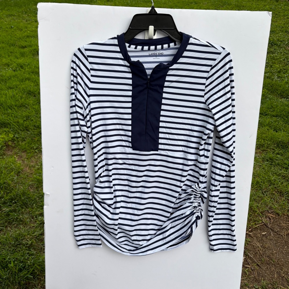 Lands End Womens XS Navy White Striped Long Sleeve Quarter Zip Rash Guard Top